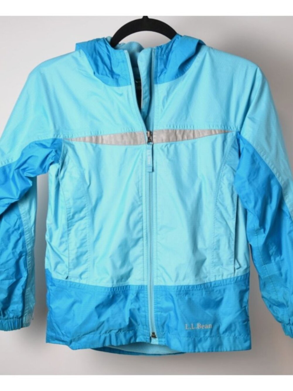 LL Bean Kids Tek Teal Blue Discovery Rain Jacket Fleece Lined Hooded Size S 8